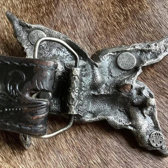 Vintage Bergamot Brass Works Pegasus Belt Buckle Tooled Black Leather Belt